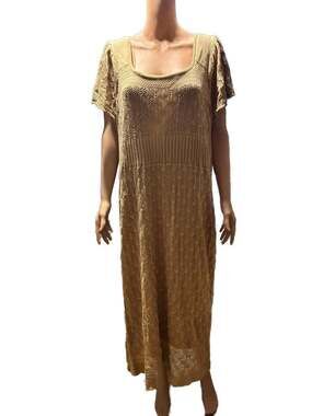 Cato Plus Size Crochet Knit Short Sleeve Midi Dress in Beige